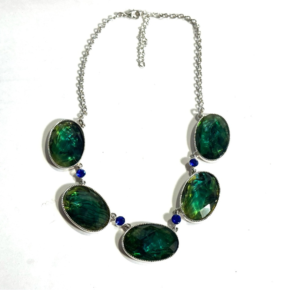 Vivid Green Blue Bib Necklace Abalone Inlay Large Faceted Oval Beads Mermaid